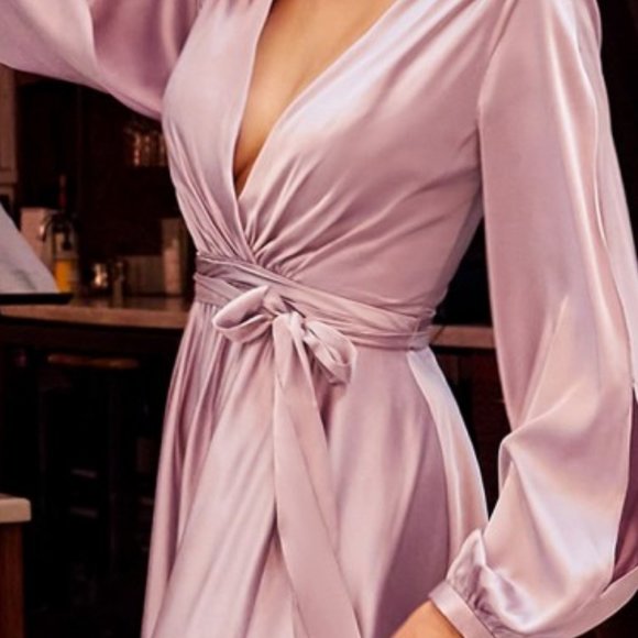 NEW LONG SATIN A-LINE DRESS WITH LONG BLOUSON SLEEVES AND ZIPPER BACK CD 7475 - Picture 9 of 11
